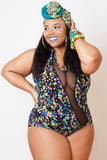 Sheer Mesh Accent Floral Print Plus One-piece Swimwear